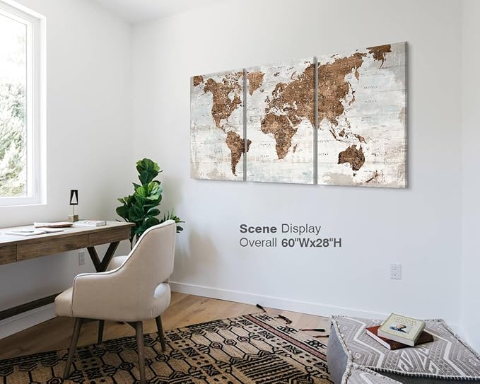 Office Wall Art Canvas World Map Motivational Wall Decor Living Room Vintage Pictures for Dining Room Home Man Global Artwork 60" X 28"