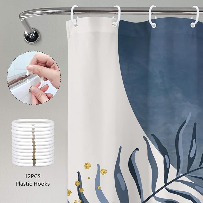 Blue Gray Boho Shower Curtain 72Wx96H Extra Long Modern Bohemian Abstract Dusty Blue Gold Leaves Mid Century Plant Bathroom Decor Minimalist Geometric Bath Curtain Fabric Polyester 12 Pack Hook