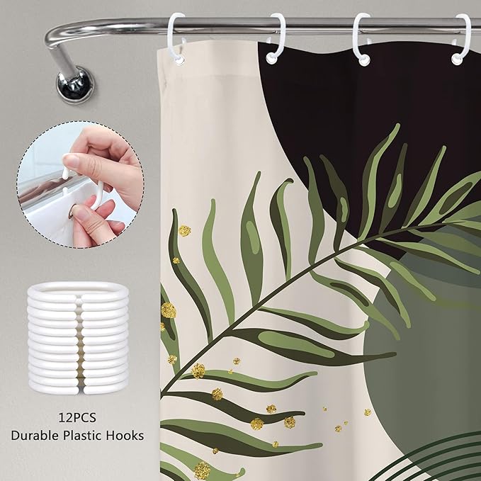 Dark Green Boho Shower Curtain 60Wx72H Black Green Modern Bohemian Mid Century Abstract Gold Leaves Plant Bathroom Decor Minimalist Geometric Neutral Bath Curtain Fabric Polyester 12 Pack Hooks