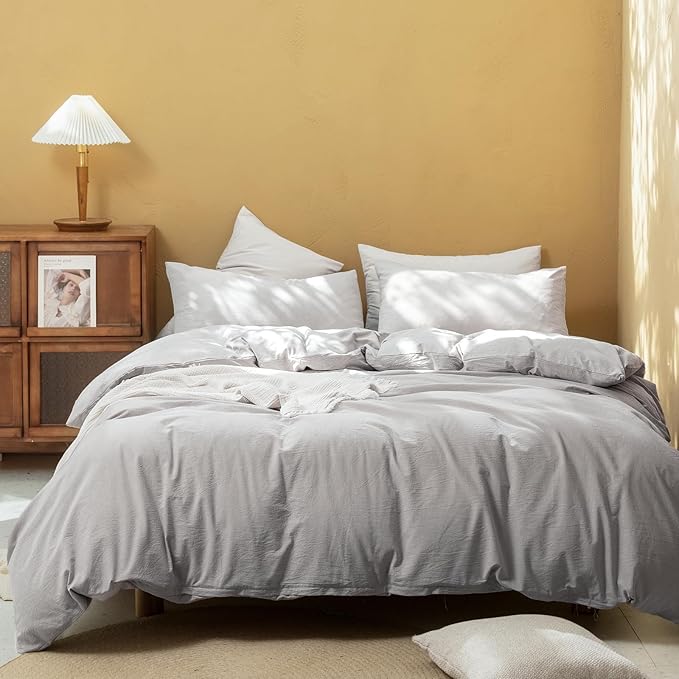 FOSSA Duvet Cover Set 100% Washed Cotton Linen Feel Super Soft Breathable Cozy 3 Pieces Bedding Sets Solid Grayish King