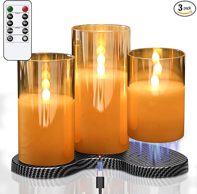 GenSwin Rechargeable Candles with Charging Station, Glass Battery Operated Flamless Candles with Remote Timer, LED Pillar Flickering Candle for Halloween Christmas Wedding Home Decor(Pack of 3, Gold)