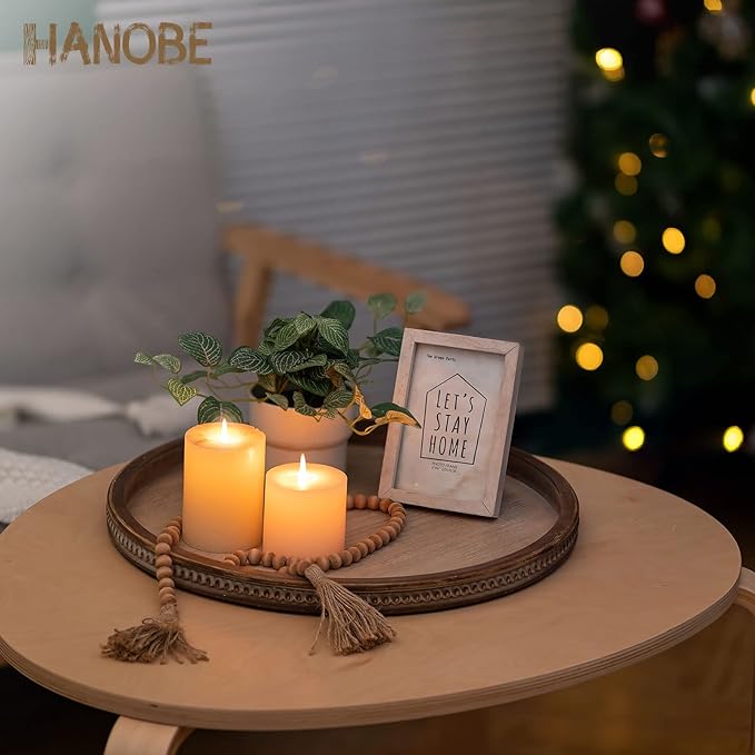 Hanobe Large Round Decorative Tray: Coffee Table Beaded Trays Rustic Wood Trays Decor Farmhouse Ottoman Circle Vintage Centerpiece Wooden Serving for Living Room Home for Counter, Brown