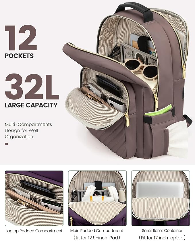 LOVEVOOK Laptop Backpack for Women, Large Capacity Travel Computer Work Bag with 17-inch Laptop Compartment, Business Nurse Backpack Purse, Hiking Outdoor Carry On Backpack, Brown