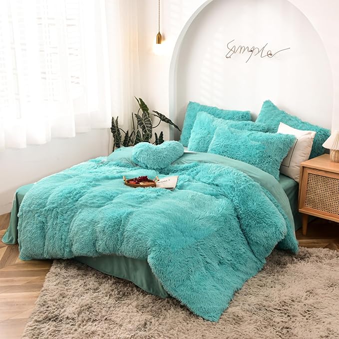MorroMorn 5 PCS Shaggy Duvet Cover Bedding Set - Long Faux Fur Luxury Ultra Soft (Aqua, Full/Queen)