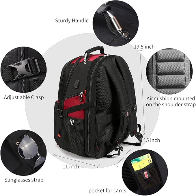 SHRRADOO Extra Large 50L Travel Laptop Backpack with USB Charging Port, College High School Backpack Airline Approved Business Work Bag Fit 17 Inch Laptops for Men Women,Red