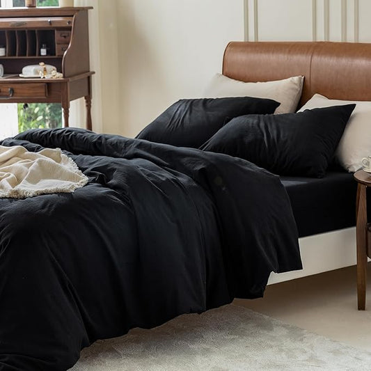 FOSSA Duvet Cover Set 100% Washed Cotton 3 Pieces Bedding Set Twill Soft Cozy Breathable Sturdy Substantial with Textured Weave Solid Black King