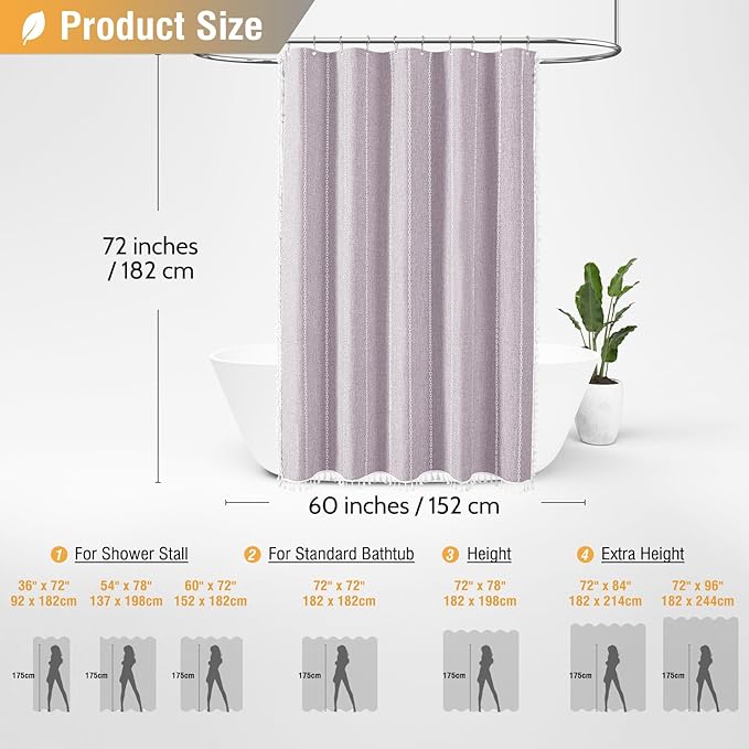 BTTN Stall Shower Curtain - 60x72 Narrow Boho Farmhouse Linen Vintage Striped Fabric Shower Curtain Set with 10 Hooks, Bohemian Cottage Decorative Weighted Cloth Shower Curtain for Bathroom - Lavender