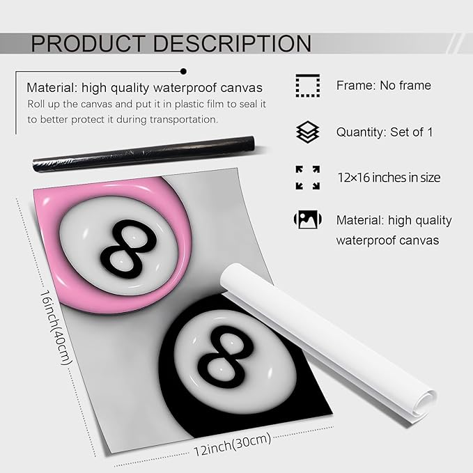 XSCQ Trendy Pink and Black 8 Billiards Balls Poster Retro Pool Ball Couple Wall Art Y2K Aesthetic Canvas Prints Preppy Room Wall Decor for Billiard Hall College Dorm 12x16 inch Unframed