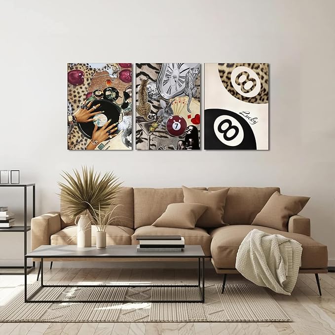 Trendy Leopard Wall Art Set of 3, Cheetah Wall Decor Aesthetic, Black Girl 8 Ball Poster Canvas Print Pictures Funky Lucky Artwork for Bedroom Living Room Framed 16x24 inch