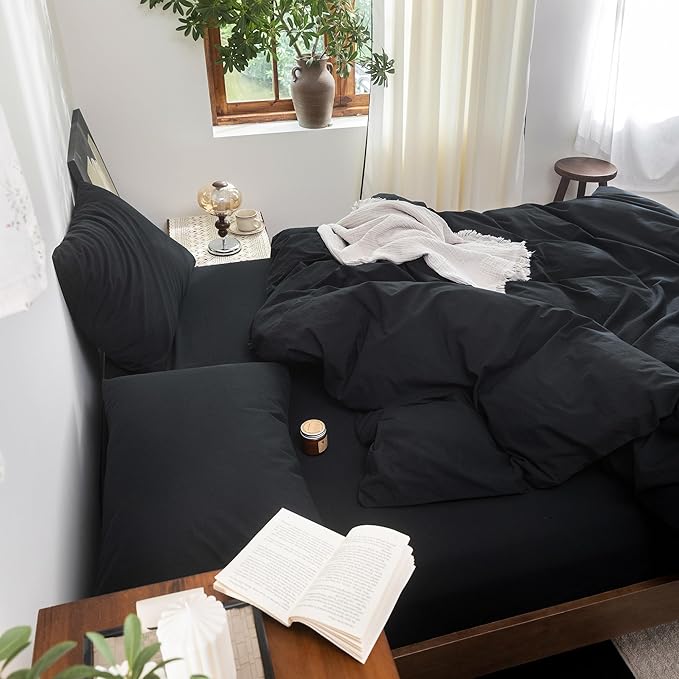 FOSSA Duvet Cover Set 100% Washed Cotton Linen Feel Super Soft Breathable Cozy 3 Pieces Bedding Sets Solid Black Oversized King Plus