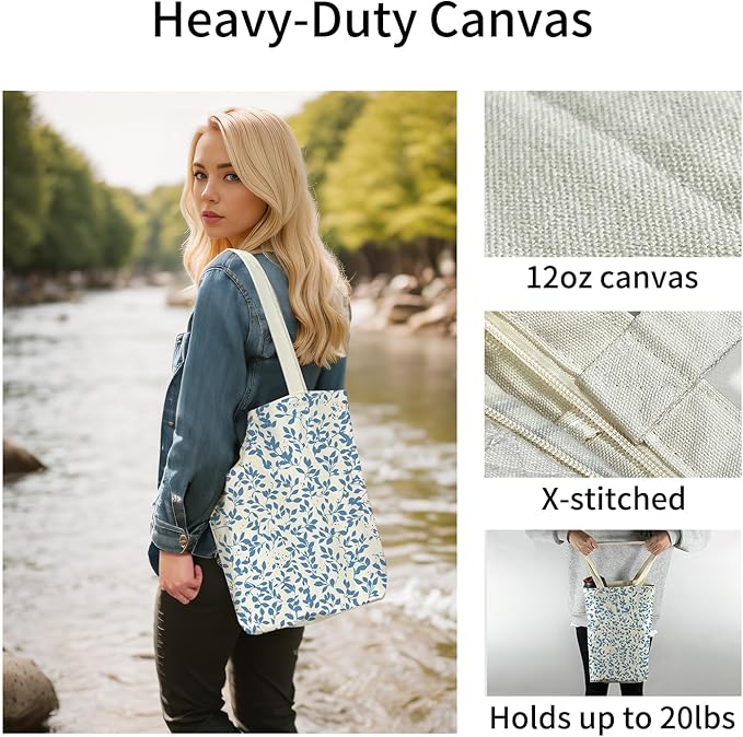 Canvas Tote Bag for Women, Aesthetic Tote Bag with Zipper Pocket for Grocery Travel Work Gift, Canvas Shopping Bag