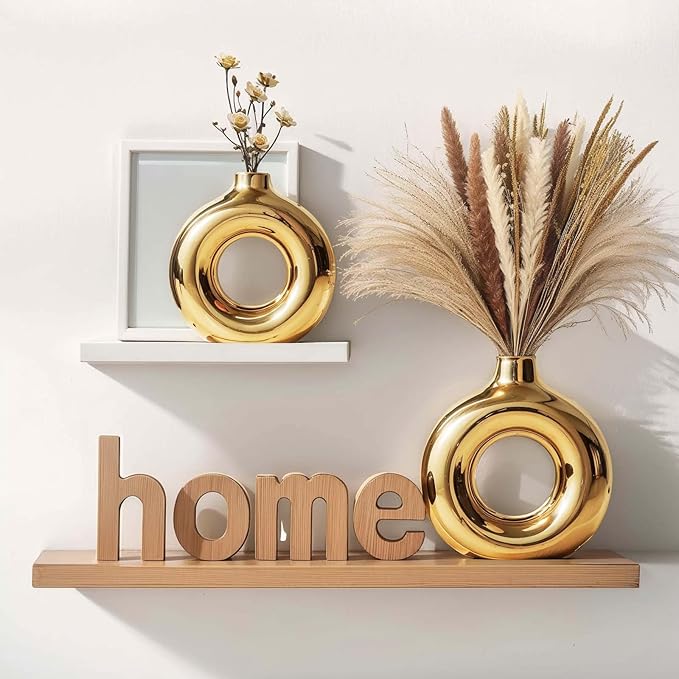 Glossy Gold Ceramic Vase Set of 2,Round Donut Hollow Flower Vases for Home Decor Accents,Modern Minimalist Centerpiece Table Decorations,Wedding,Living Room,Bookshelf,Office,Entryway