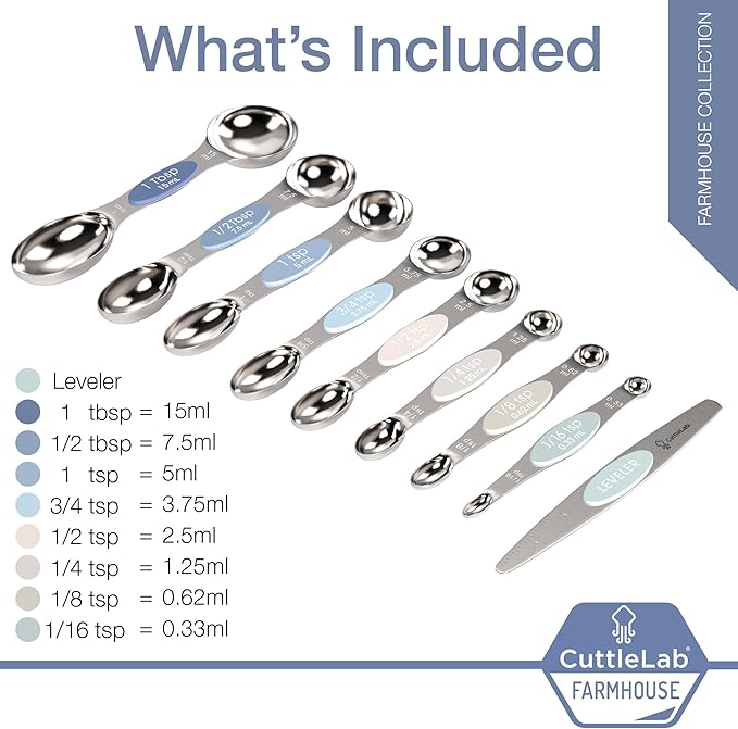 Magnetic Measuring Spoons Set - Stainless Steel, Double Ended, Stackable & Nested Design for Dry and Liquid Ingredients, Ideal for Spice Jars, 9-Piece Set with Leveler (Farmhouse)