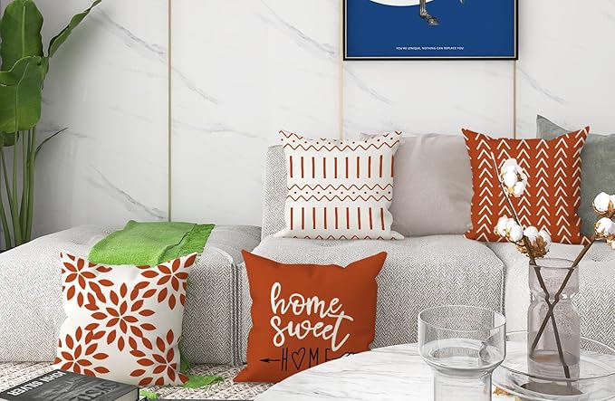 YCOLL Fall Pillow Covers 16x16 Set of 4, Modern Sofa Throw Pillow Cover for Fall Decor, Decorative Outdoor Linen Fabric Pillow Case for Couch Bed Car, Burnt Orange