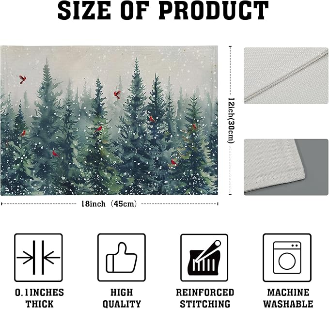 Giwawa Winter Pine Trees Placemats Set of 4 Watercolor Christmas Forest Red Birds Linen Table Mat 12"x18" Xmas Snowy Tree Decorative Seasonal Washable Place Mats for Kitchen Dining Holiday