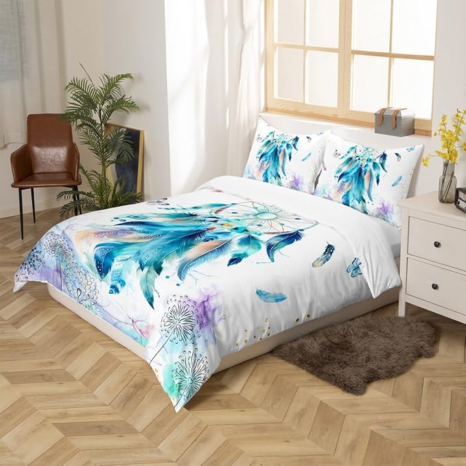 Girly Dream Catcher Duvet Cover King,Watercolor Feather Butterflies Retro Farmhouse Style Super Bedding Set,Wild Dandelion Colorful Marble Texture Comforter Cover Bedding 3 Piece (No Comforter)