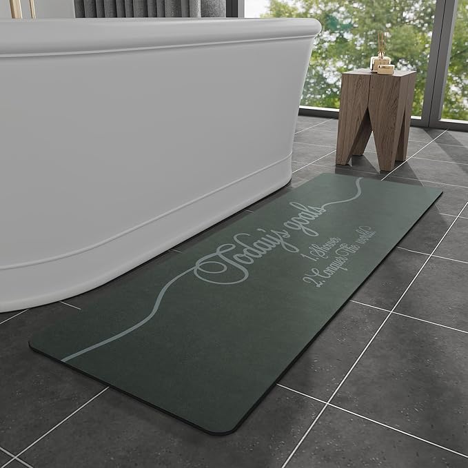 MontVoo -Bath Mat Rug- Non Slip Quick Dry Absorbent Thin Bathroom Rugs Fit Under Door-Faux Suede Surface Bathroom Floor Mats-Shower Rug for in Front of Bathtub Shower 17 X59 Green Text Pattern
