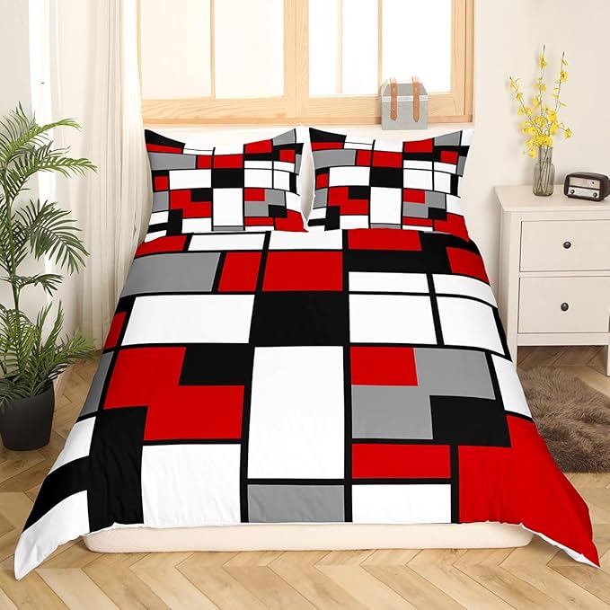 Geometric Grid Bedding Set,Gray Black Red White Square Duvet Cover for Kids Teen Boys Girls,Retro Style Comforter Cover Decorative Room,Modern Abstract Quilt Cover with 2 Pillowcases,Full Size