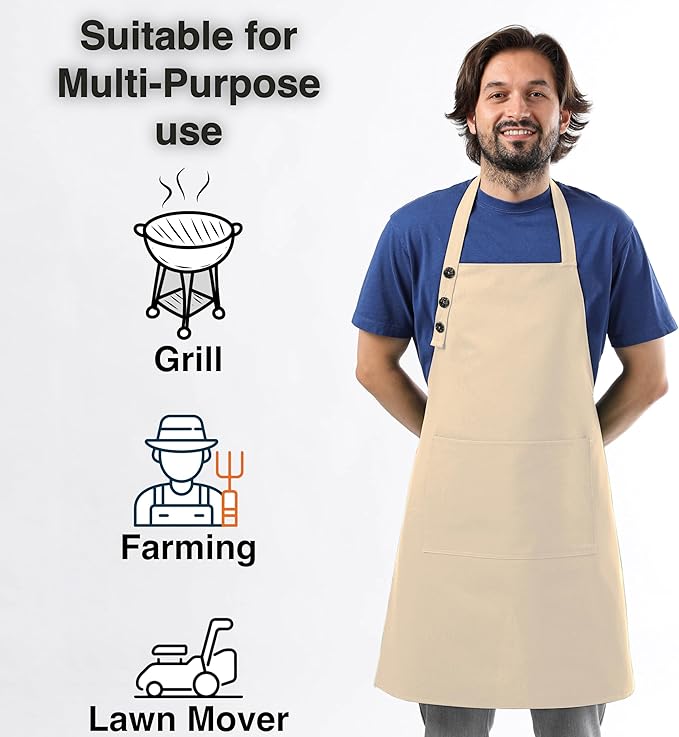 TOSHE Kitchen Apron Waterdrop Resistant Cotton Apron with adjustable Aprons for Women with Pockets 10 Color option Cooking Beige Apron(Beige)