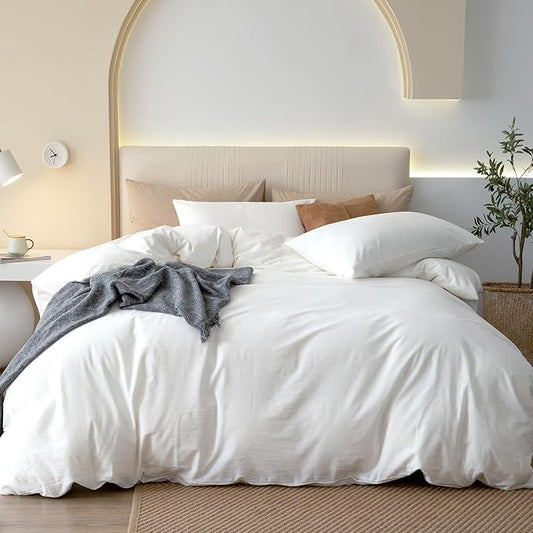 JIYUAN 100% Washed Cotton Duvet Cover Set 3 Pieces Full, 1 Duvet Cover 80x90 Inches(Comforter Not Included) and 2 Pillowcases,Linen Feel Bedding Set Comfy and Breathable,Bright White