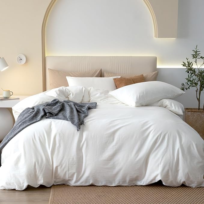 JIYUAN 100% Washed Cotton Duvet Cover Set 3 Pieces Super King, 1 Duvet Cover 108x98 Inches(Comforter Not Included) and 2 Pillowcases,Linen Feel Bedding Set Comfy and Breathable,Bright White