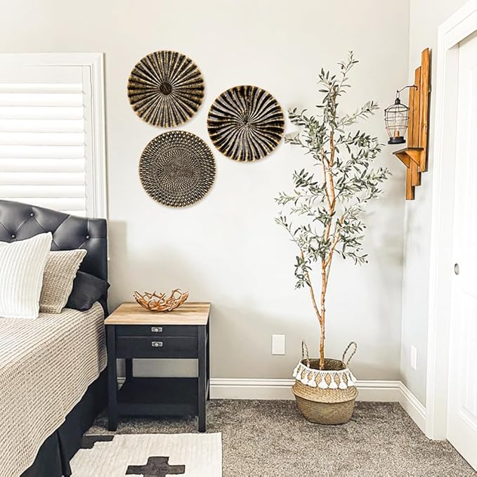 12" Wall Décor Pack of 3 Metal Gold & Black Washed Starbursts Radial Plate Wall Art Modern Accent Hanging Wall Decorations For Home Office Bedroom Or Living Room Wall Sculptures