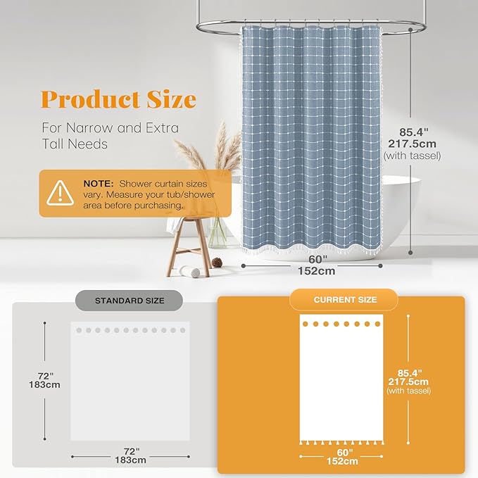 BTTN Stall Shower Curtain - 60x84 Long Boho Farmhouse Linen Weighted Fabric Cloth Shower Curtain Set with 10 Plastic Hooks, Narrow Bohemian Country Decorative Thick Shower Curtains for Bathroom - Blue