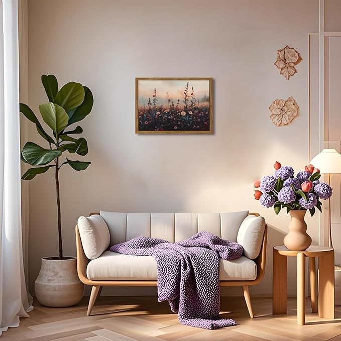 Vintage Flower Wall Art, Dark Floral Wall Decor Painting, Framed 3D Textured Hand Drawn Sandstone Farmhouse Landscape Pictures Artwork for Living Room Bedroom 16x24 inch Wood Frame