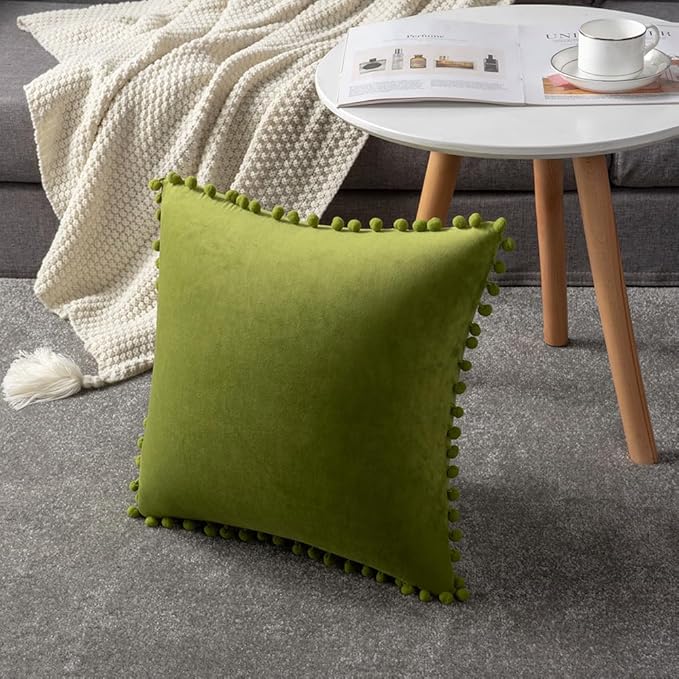 DEZENE Couch Pillow Cases 24x24 Chartreuse: 2 Pack Cozy Soft Pom-poms Velvet Square Throw Pillow Covers for Farmhouse Home Decor