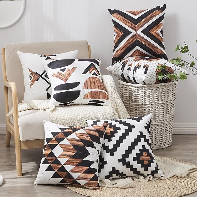 Aztec Throw Pillow Covers Set of 6,Rustic Southwestern Western Brown Wooden Texture Home Decor Ethnic Farmhouse Outdoor Couch Decorative Cushion Case 18"X18"