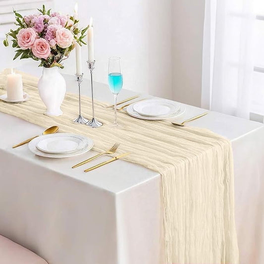 Beige Cheesecloth Table Runner 13.3FT Boho Gauze Table Runner Wedding Dining Table Decorations for Holiday Birthday Party Baby Shower Event Decorations Summer Garden Farmhouse