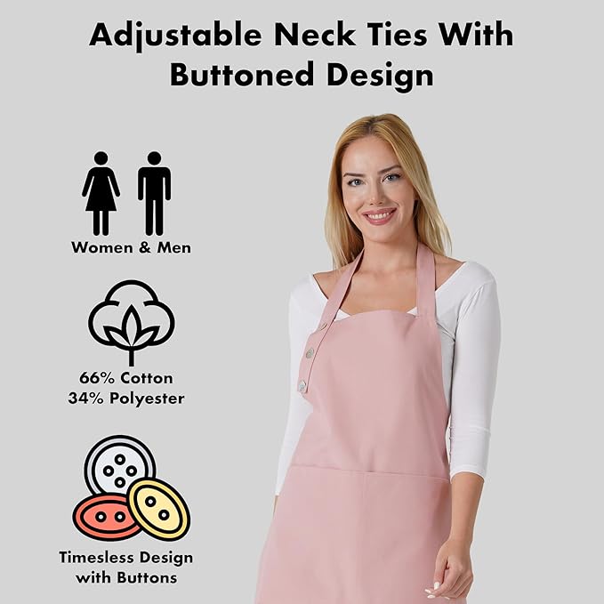 TOSHE Kitchen Apron Waterdrop Resistant Cotton Apron with adjustable Aprons for Women with Pockets Cooking Apron (2 Pack - Powder Pink)