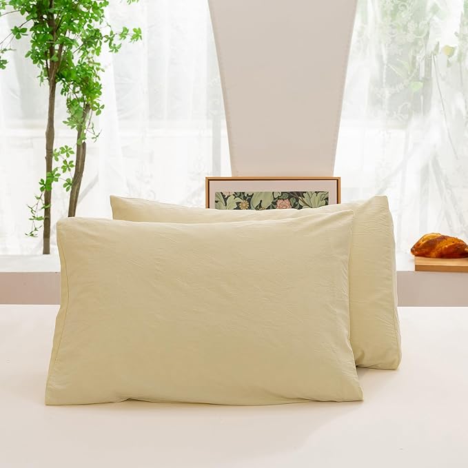 ECOCOTT Duvet Cover Set, 100% Washed Cotton Linen-Like Textured Soft & Breathable, Durable Comfy Bedding Set for All Seasons (Light Yellow, Queen)