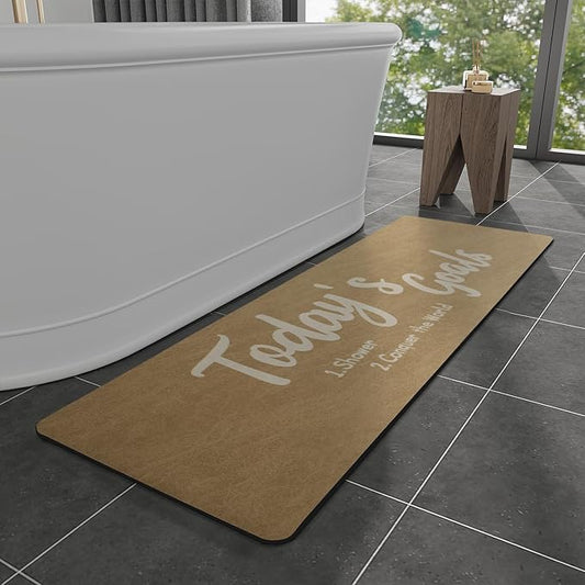 MontVoo -Bath Mat Rug- Non Slip Quick Dry Absorbent Thin Bathroom Rugs Fit Under Door-Faux Suede Surface Bathroom Floor Mats-Shower Rug for in Front of Bathtub Shower 17 X59 Camel Text Pattern