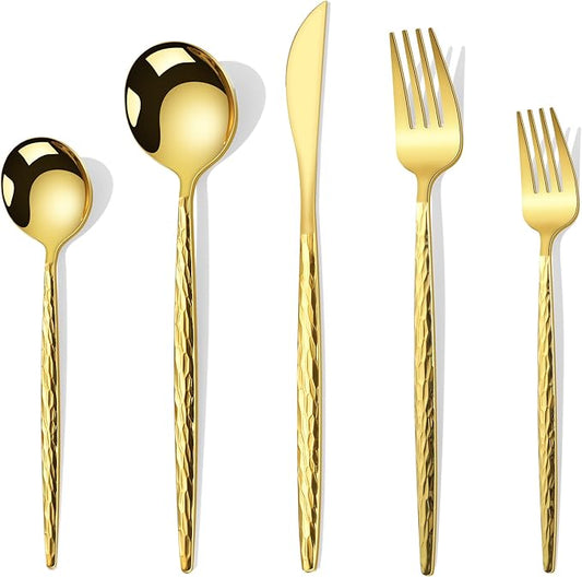 Hammered Gold Silverware Set,30 Piece Stainless Steel Flatware Set for 6,Modern Cutlery Set,Includes Spoon Fork Knives Set,Home Kitchen and Restaurant,Dishwasher Safe