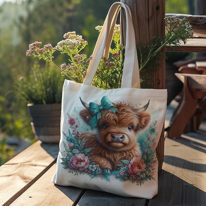 Western Highland Cow Canvas Tote Bag - Highland Cow Lover Gifts,Canvas Shoulder Bag for Women for Girls