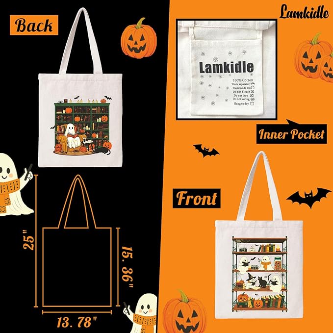 Halloween Canvas Tote Bag Vintage Ghost Canvas Bag Cute Funny Trick Or Treat Reusable Cotton Bag Shopping Tote Handbag For Women Holiday Grocery Beach Handbag With Shoulder