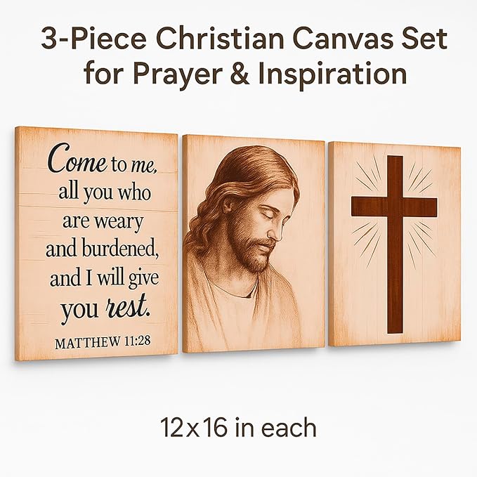 DoawBang Rustic Farmhouse Wall Art Set of 3– Jesus Portrait, Cross, and Scripture – Wooden Frame Canvas Prints, “Come to Me” Matthew 11:28, Christian Home Decor for Living Room, Prayer Room, 12"x16"