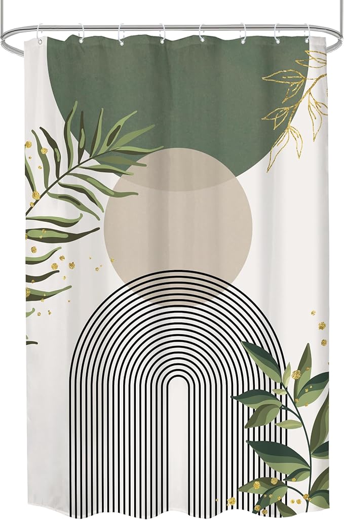 Stall Small Boho Shower Curtain 48Wx72H Rv Sage Green Modern Bohemian Abstract Leaves Mid Century Plant Half Narrow Bathroom Decor Minimalist Geometric Bath Curtain Fabric Polyester 8 Pack Hook