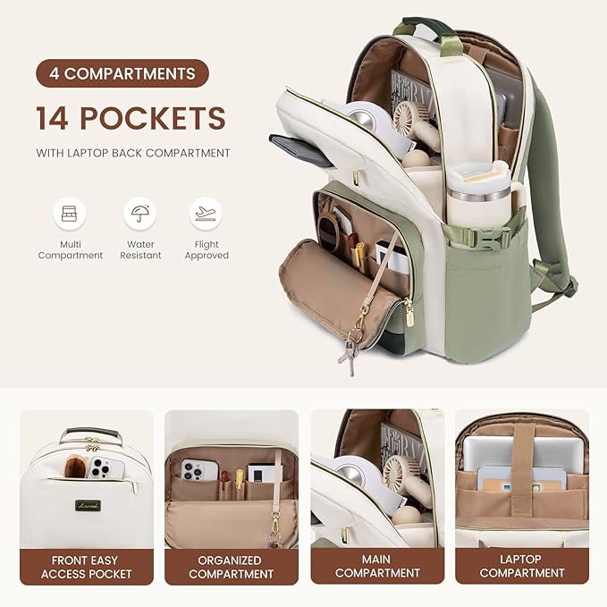 LOVEVOOK Laptop Backpack for Women with Pouch Pocket for Large Capacity Cup,15.6 Inch Laptop Computer Bag Travel Backpack Purse,Waterproof Work College Teacher Bags,White-Bean Green-Dark Olive Green