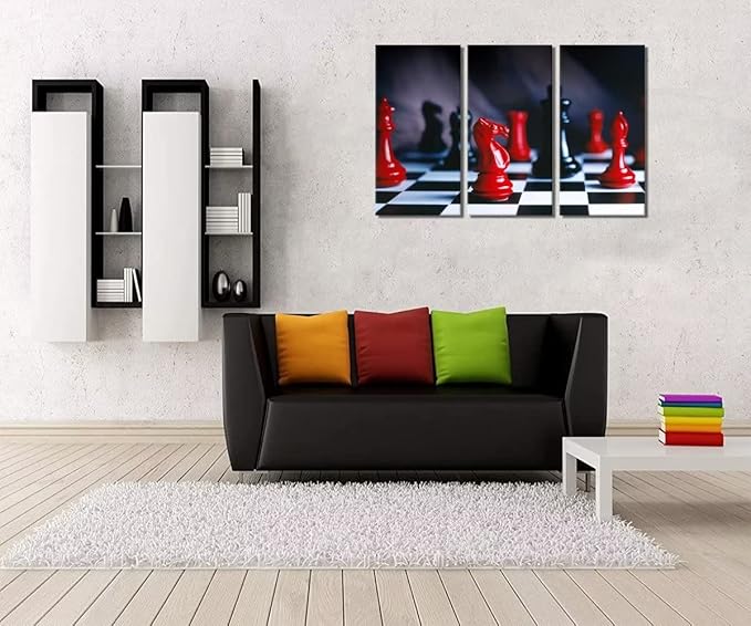 3 Piece Canvas Wall Art - Red and Black Chess Pieces Shot On Black and White Chess Board - Modern Home Decor Stretched and Framed Ready to Hang (24''H x 36''W)
