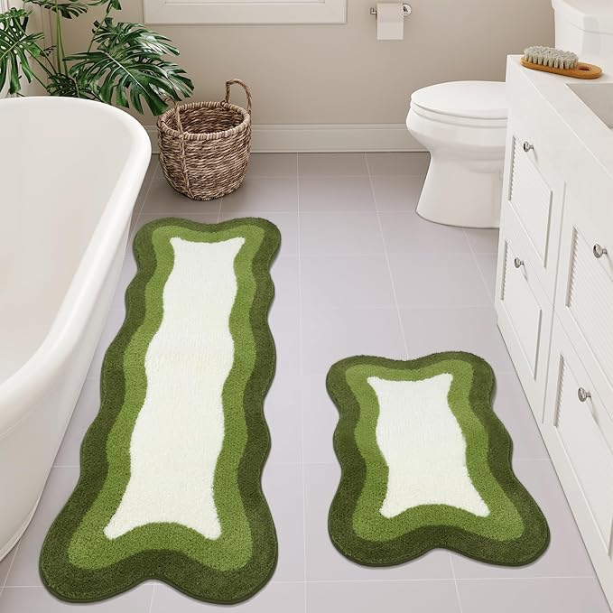 HAOCOO Luxury Soft Large Bathroom Rugs, 24x59 Inch Long Bathroom Rugs Non Slip Washable, Green Irregular Shaped Rug Absorbent Bathroom Mat for Bedroom Bathtub Sink Shower
