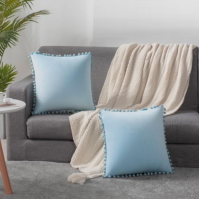 DEZENE Throw Pillow Cases 16x16 Light-Blue: 2 Pack Cozy Soft Pom-poms Velvet Square Decorative Pillow Covers for Farmhouse Home Decor