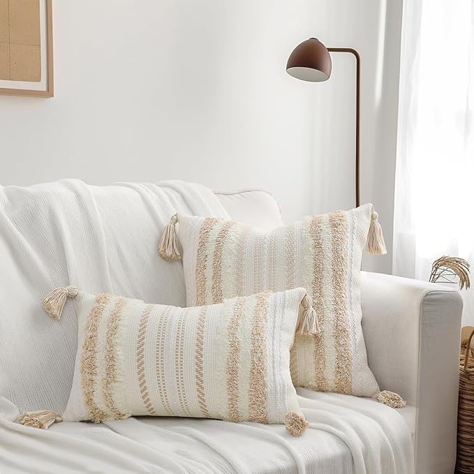 decorUhome Decorative Boho Throw Pillow Cover 12x20, Lumbar Accent Neutral Textured Tufted Pillow Cover Striped for Couch Bed Sofa, Khaki and Cream White, Pack of 1