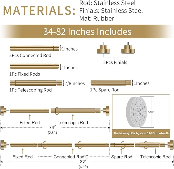YNL Shower Curtain Rod 34-82 Inches (2.8-6.8ft) Adjustable Spring Shower Rod No Drilling, Non-Slip, Never Rust, Stainless Steel, Suitable for Bathroom Window Living room, Gold