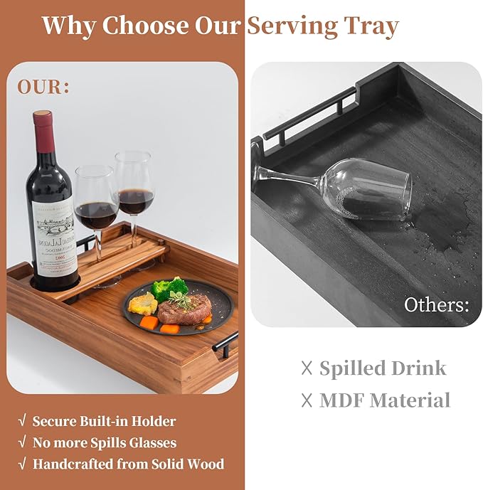 Serving Tray with Handles, 17"x12" Wooden Tray with Removable Wine Glass Holder Ottoman Tray Wood Serving Trays with Metal Handles for Breakfast, Dinner, Coffee Table, Food Drinks