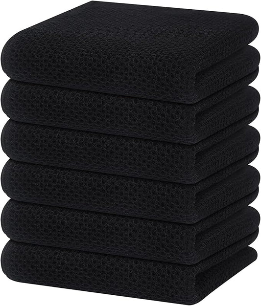 Homaxy 100% Cotton Waffle Weave Kitchen Dish Towels, Ultra Soft Absorbent Quick Drying Cleaning Towel, 13 x 28 Inches, 6-Pack, Black