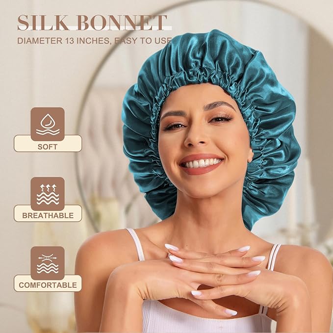 Satin Bonnet Silk Bonnet Hair Bonnet for Sleeping-Slouchy Beanie Hat Satin Sleep Cap for Women's Natural & Curly Hair(Blue Zircon&Purple)