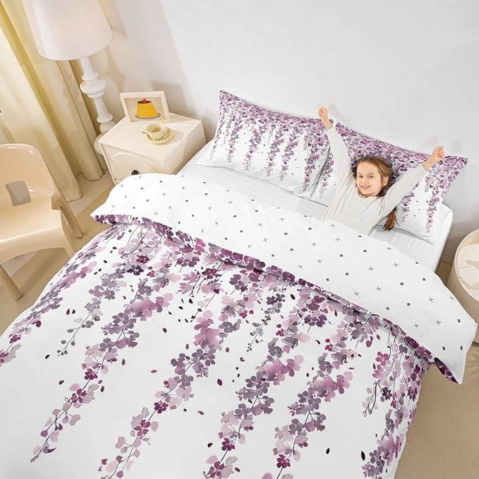 Cherry Blossoms Bedding Set King Size Child Girl's Bedroom Duvet Cover Flower Floral Theme Quilt Cover Comforter Cover with 2 Pillowcases Purple White