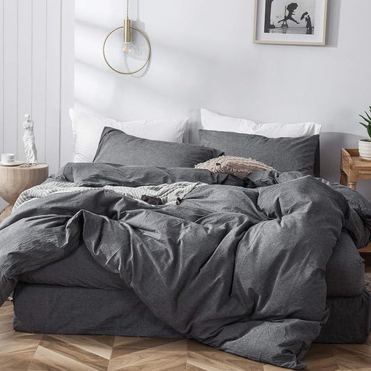 MooMee Bedding Duvet Cover Set 100% Washed Cotton Linen Like Textured Breathable Durable Soft Comfy (Heathered Dark Grey, Cal King 104"x98")